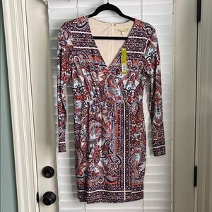 Gianni Bini Red and Blue Paisley Long Sleeve Dress